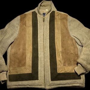 Men's Vintage Leather Suede Knit Long Sleeve Color Block Full Zip Jacket Size 44